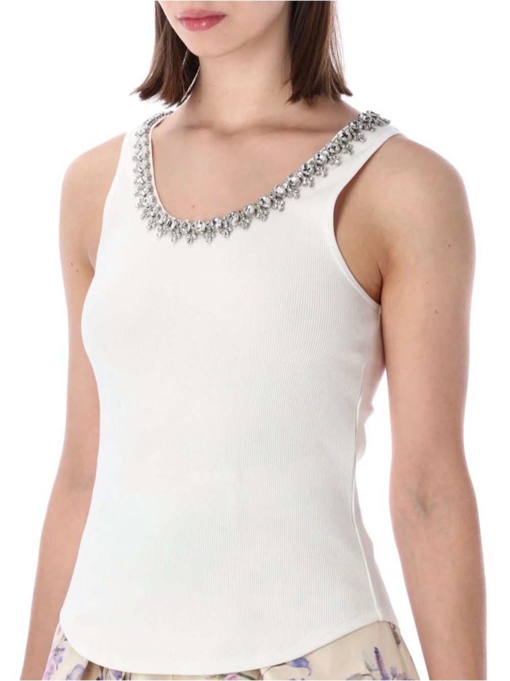 Zimmermann White Ribbed Tank with Crystal-Embellished Neckline
